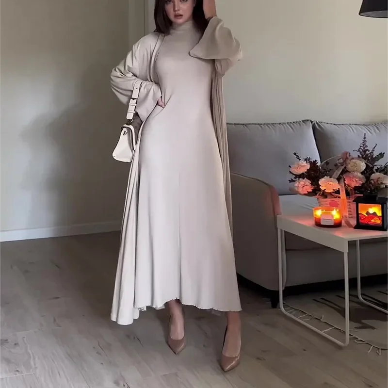 

Women's Autumn/Winter Two-piece Set of New Temperament Casual Loose Solid Color Slim Shawl + High-neck Short-sleeved Dress Set