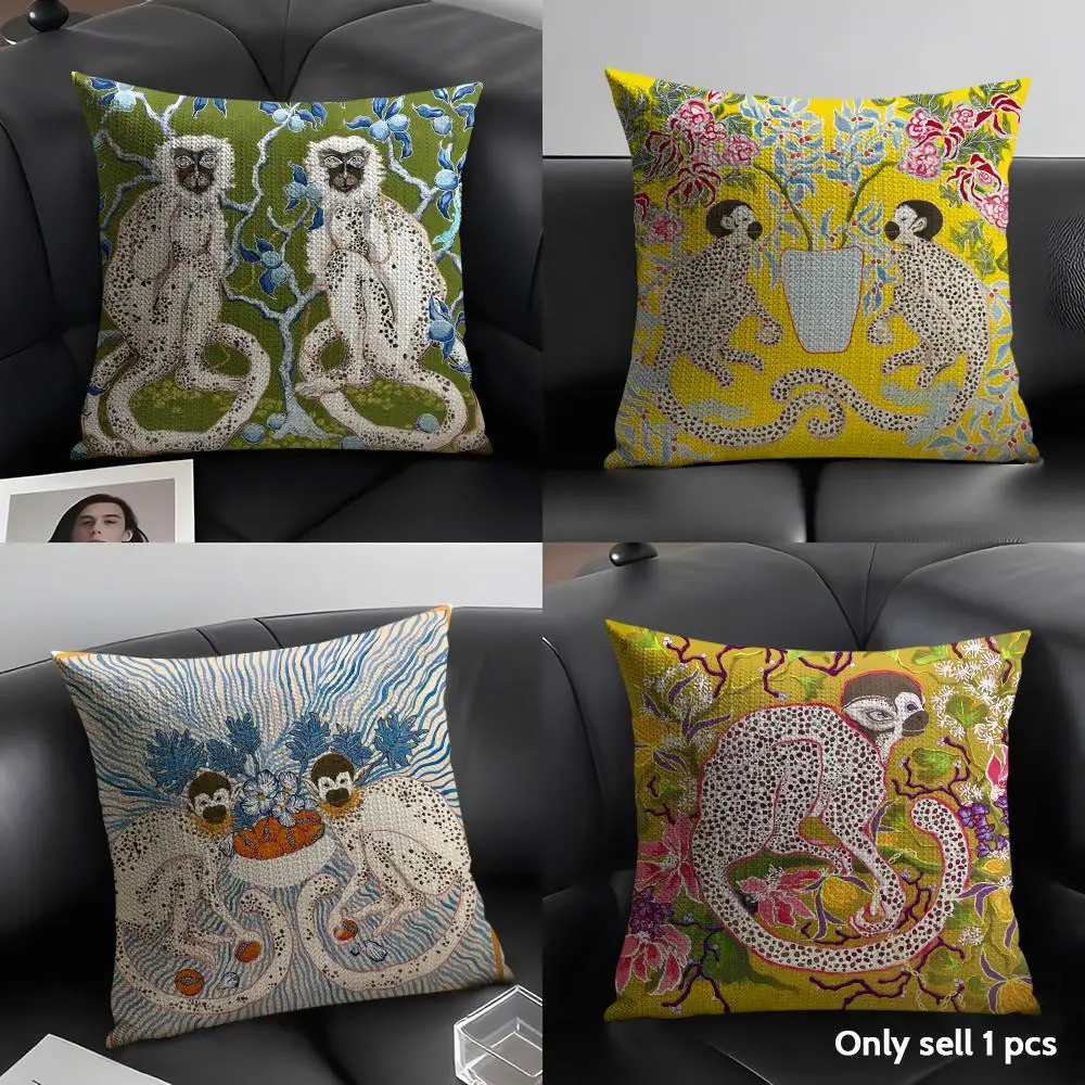 Art P-Paige Gemmel Monkey Cushion Cover Natural Linen Organic Fabric Double-Sided Printing Sofa Home Decor Gift Pillow Case