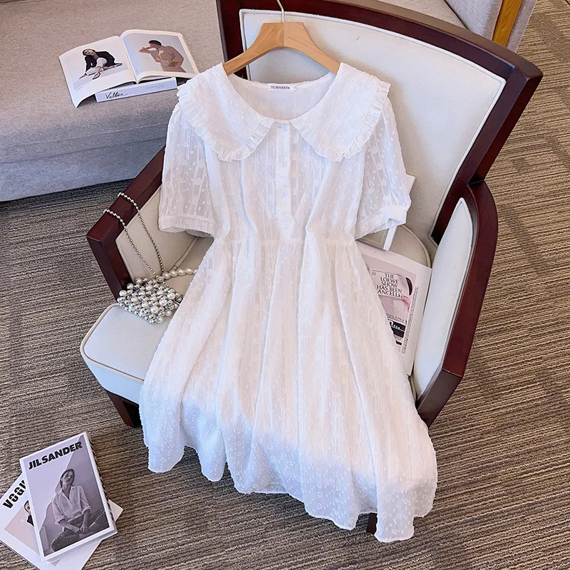 170Kg Plus Size Women\'s Bust Summer Lace Sequins Sweet Style Dress Half Sleeve Turn-down Collar Dress White 7XL 8XL 9XL 10XL