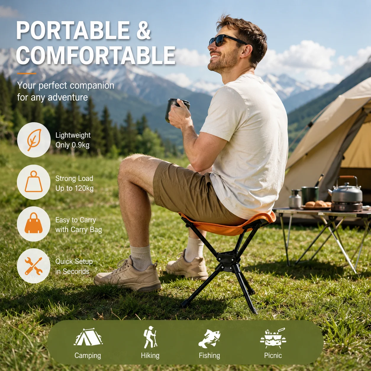 Taburete Plegable Giratorio Portátil para Exteriores, Tipo Triángulo, para Camping, Picnic y Pesca, con Asiento Alto