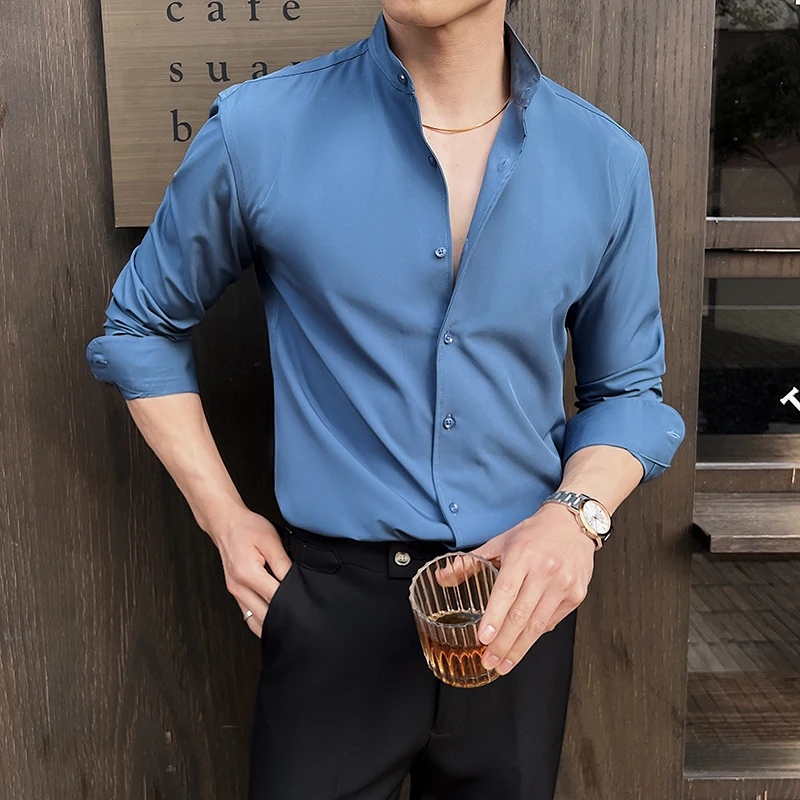 New Chinese Style Stand-Up Collar Shirt Luxury Solid Color Long Sleeve Slim Fit Elastic Casual Social Party Shirts Tuxedo 4XL-M