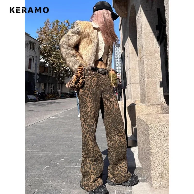 Jeans reto retrô americano de cintura alta feminino, calça hip-hop da moda, calça jeans casual Y2K, estampa grunge e leopardo, primavera 2022