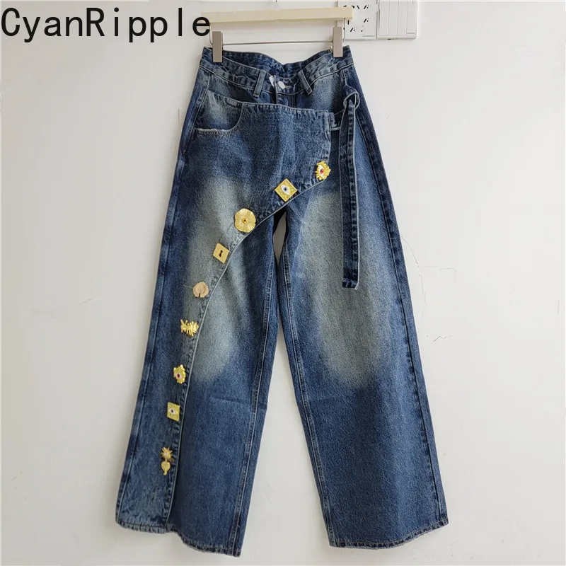 American High Street Autumn Metal Decoration Vintage Straight Jeans All-match High Waist Floor-length Wide Leg Loose Denim Pants