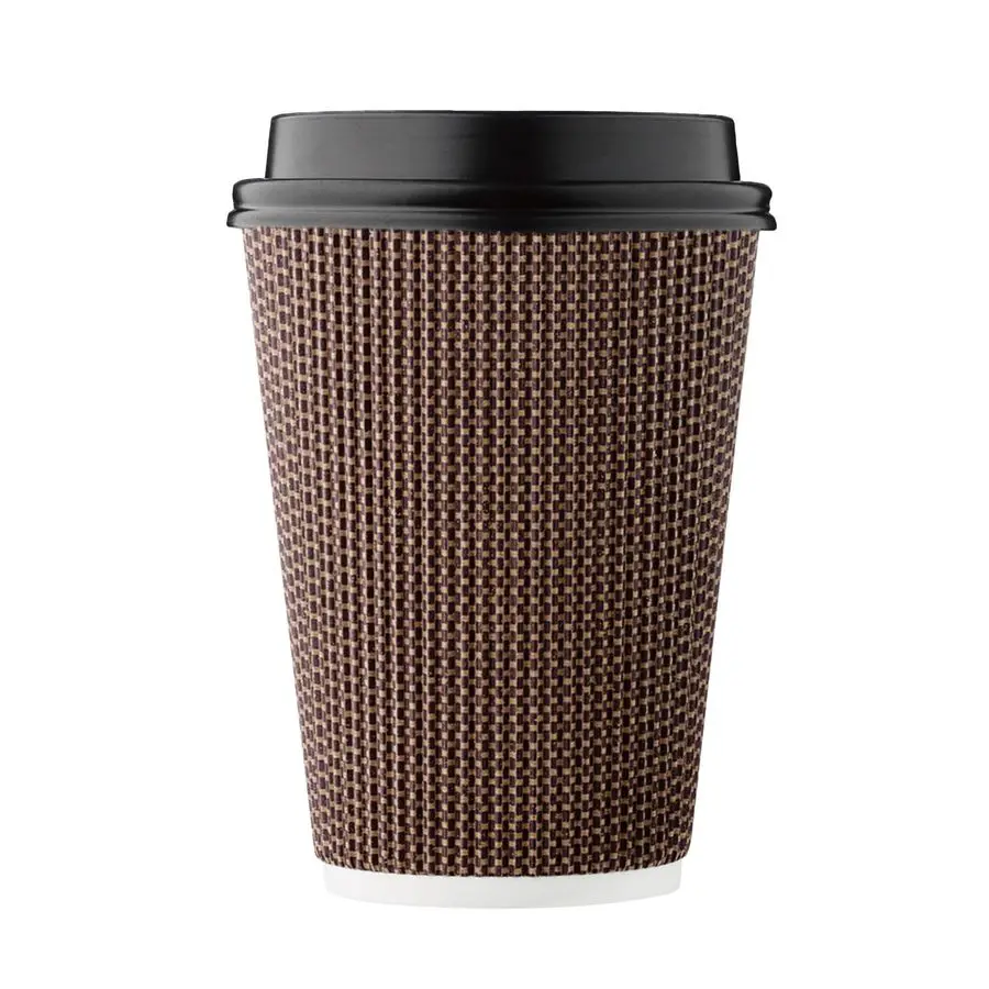 

SETHarvest Pack 12 oz Disposable Coffee Cups, Insulated Ripple DoubleWalled Paper Cup with Lids, Brown Geometric, Tea Hot Chocol