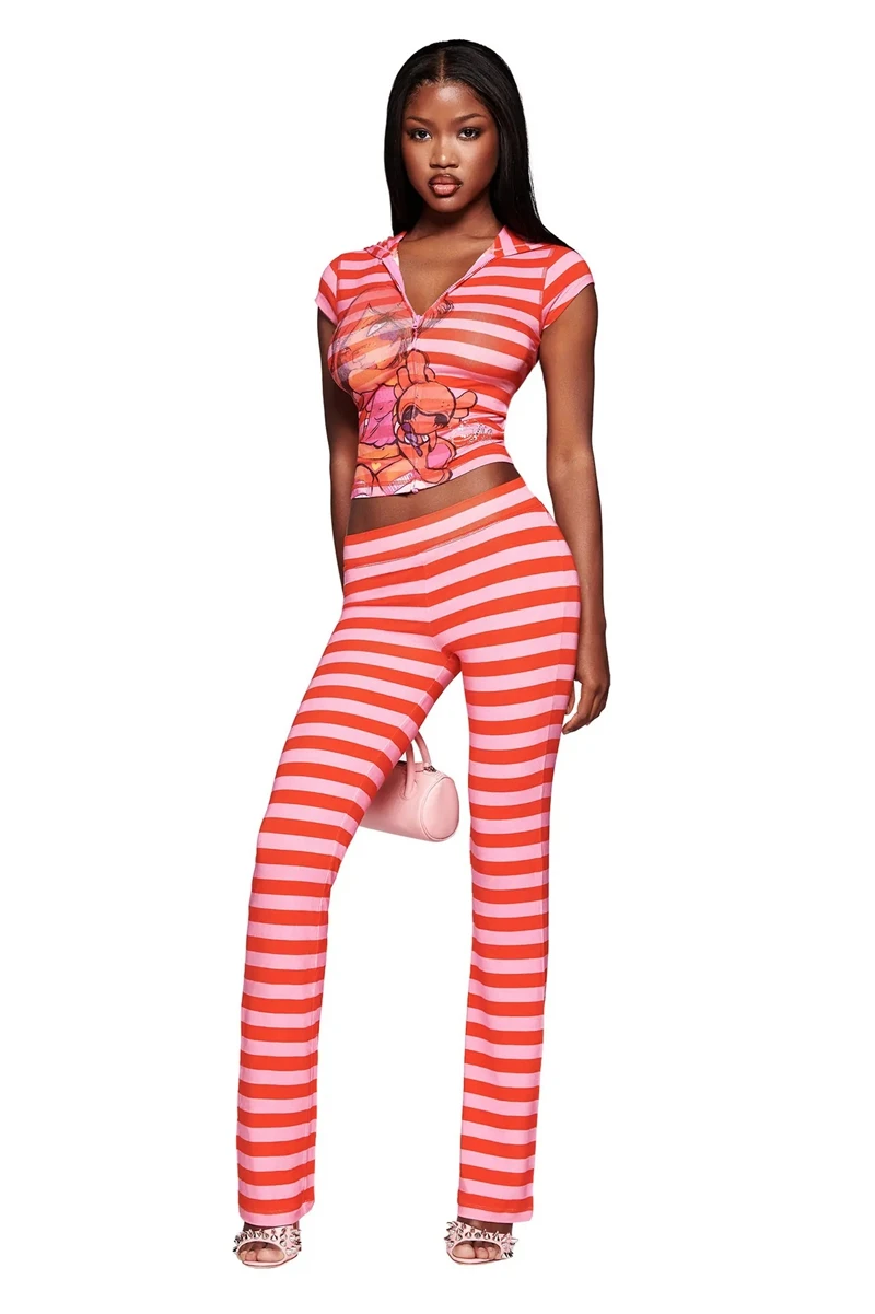 

Stylish Lady Cartoon Letter Striped Printed 2 Piece Set Women Zipper Crop Top and Pant Suits 2025 Summer Sexy Sporty Outfits