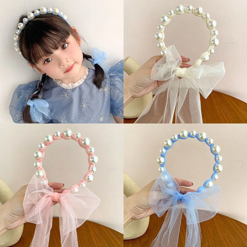 Cute Kids Pearl Ribbon Head Hoops Korean Sweet Mesh Bow Princess Girl Headwear Kids Hairbands Fairy Hair Accessory