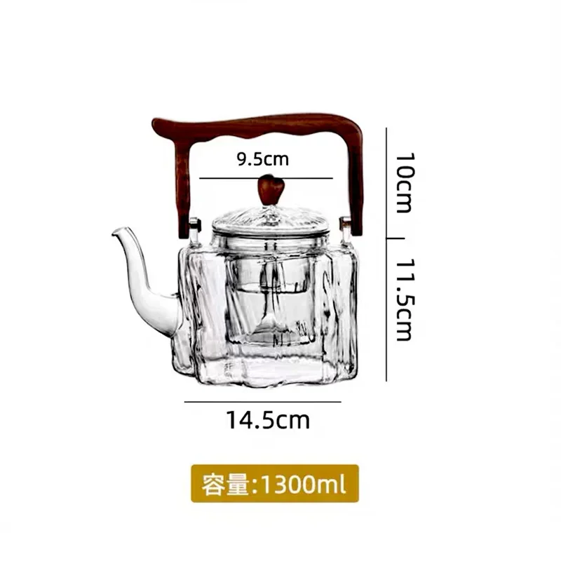 1300ml Wooden Beam Handle Heat-resistant Borosilicate Glass Teapot , Stovetop Safe Tea Kettle with Infuser for Puer/Flower Tea