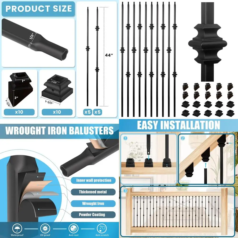

10 Pack Staircase Iron Balusters - 1/2 Hollow Square Spindles with Single and Double Knuckle Designs, Including 10 Lat and 10 An