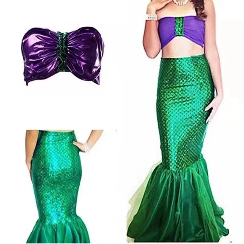 Disfraz de cola de sirena para mujer, maxifalda con lentejuelas de Ariel, Vestido largo de princesa de Anime, Conjunto de sujetador, Cosplay de Halloween