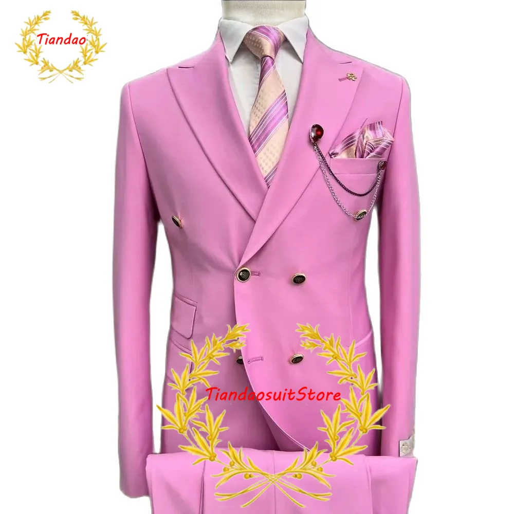 

Pink Men's Suit Wedding Tuxedo Groom Double Breasted Jacket Formal Blazer Pants 2 Piece Point Lapel Outfit