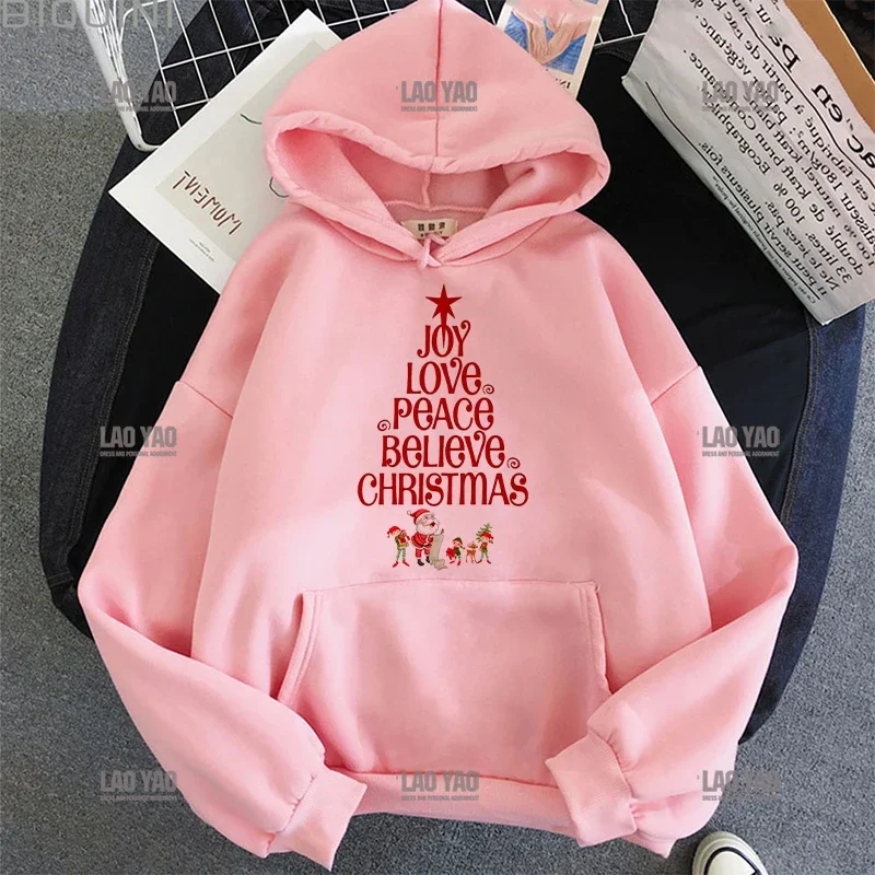 Merry Christmas Hoodie Streetwear Harajuku Aesthetic Pink Tops Hoodies Women 2024 Korea Winter Fashion Y2k Christmas Sweatshirt