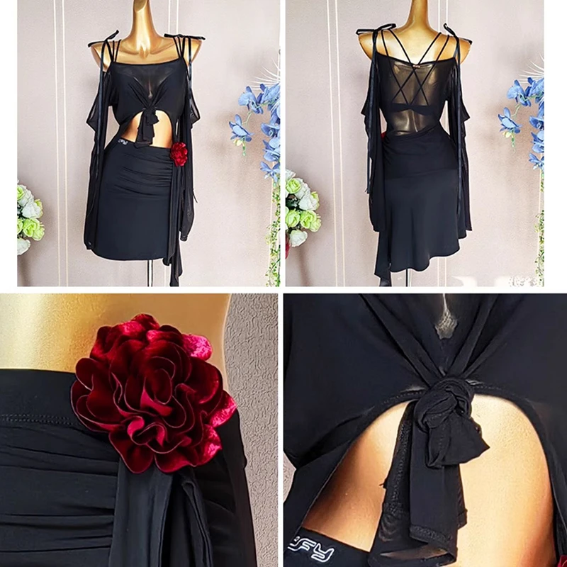 여성용 블랙 라틴 댄스 슈트 오프숄더 스탠다드 탱고 댄스 연습복 루즈 탑 슬릿 스커트 성인 라틴 의상 VDL2816