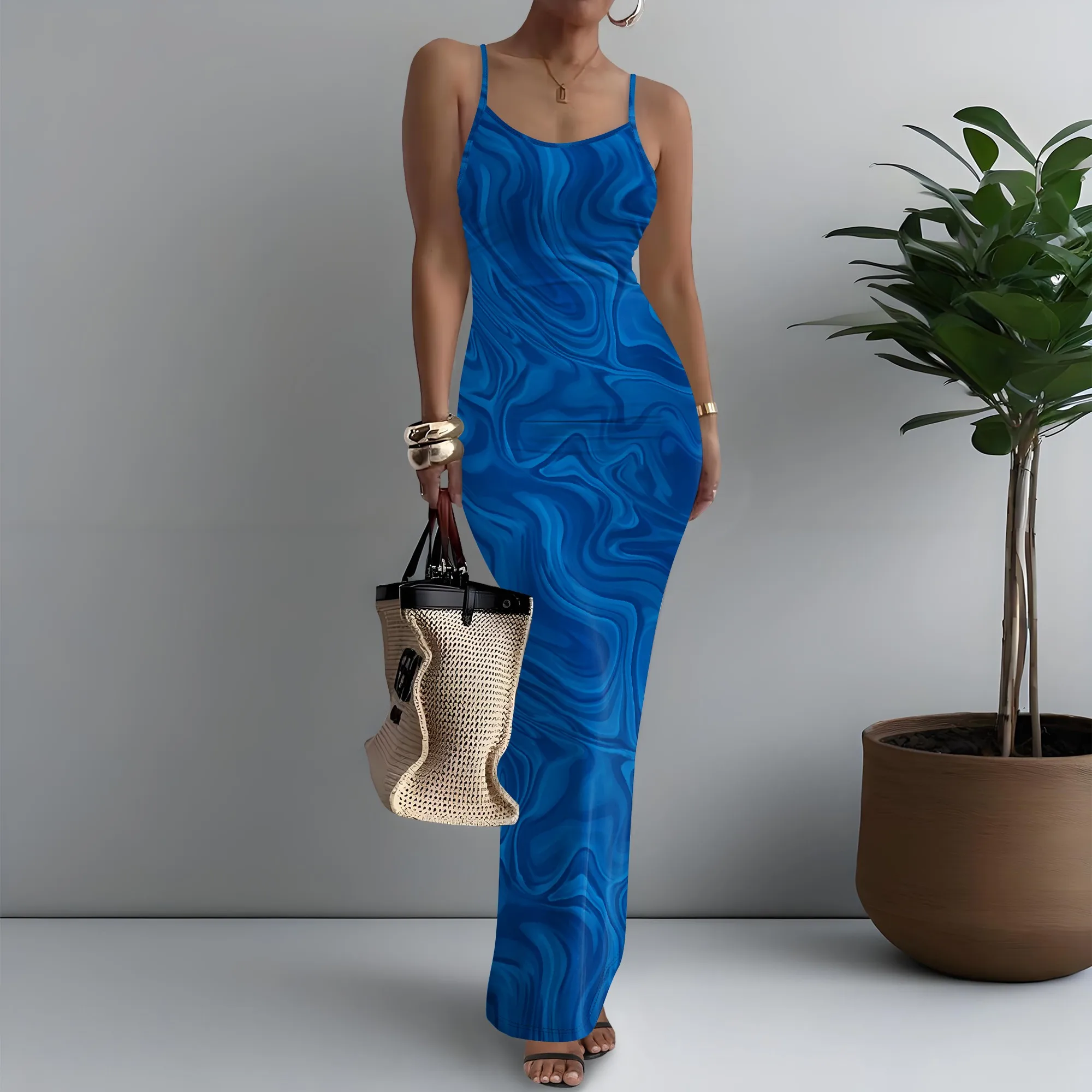 

Summer Plus Size Blue Marble Print Spaghetti Strap Dress, Slim Fit Bodycon Maxi Dress for Beach Parties/Vacations, XS-3XL