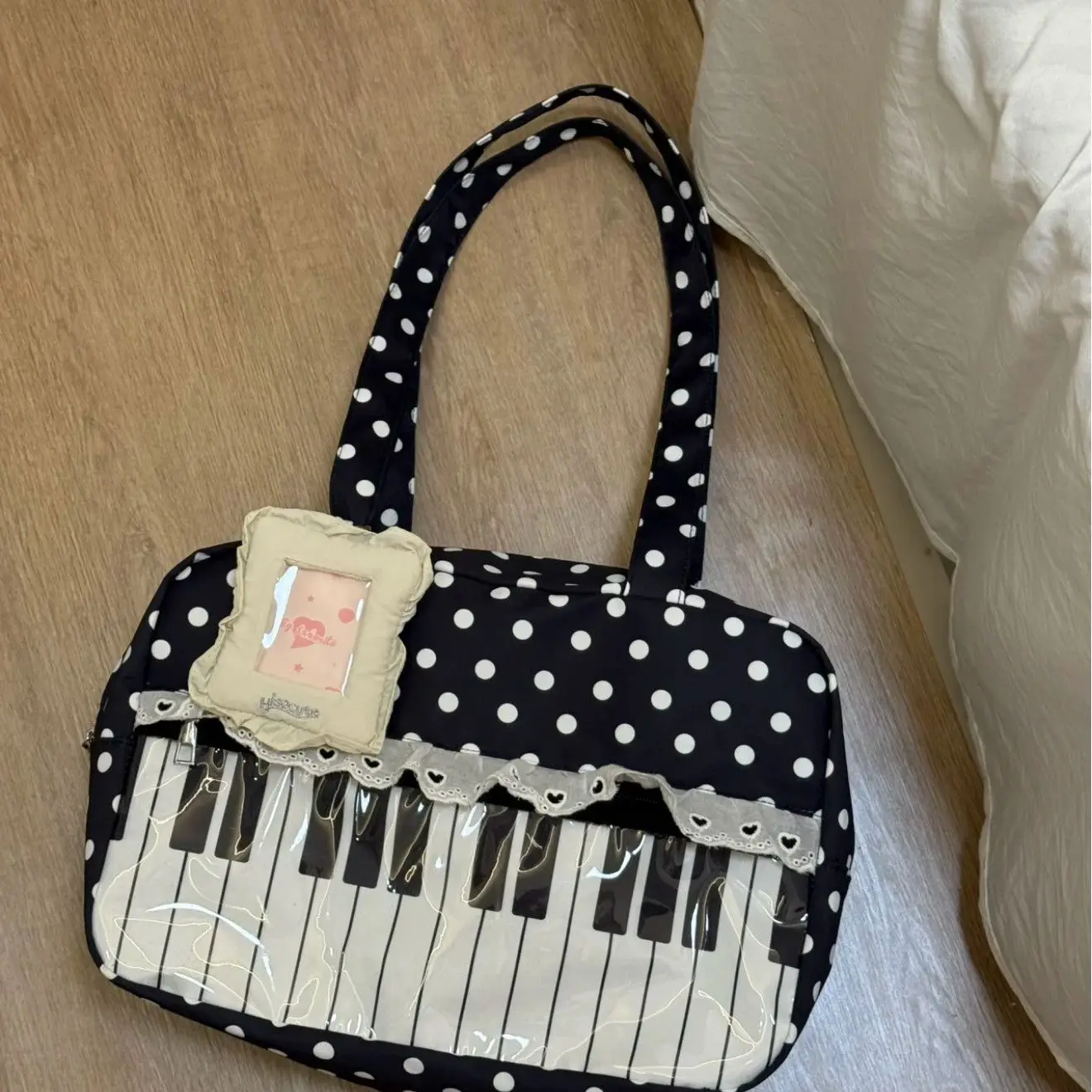 Cute Sweet Bow Heart Lace Polka Dot Pop Art Tote Bag, 2nd Gen Transparent Shoulder Bag with Music Note Badge & Doll Display, for