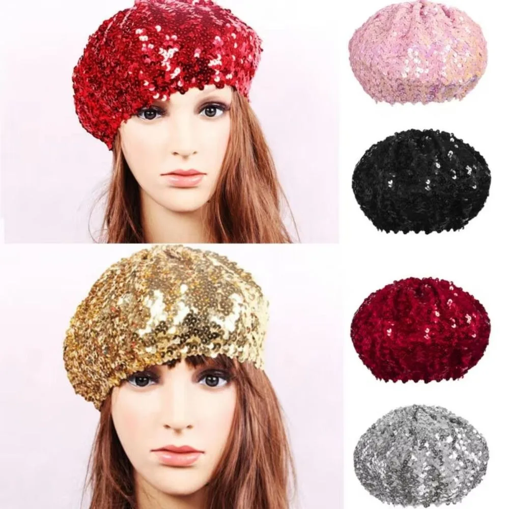 Elegant Chic Glitter Beanie Cap Retro Solid Color Women's Sequin Beret Lightweight Sparkling Shining Beret Hat Daily Wear