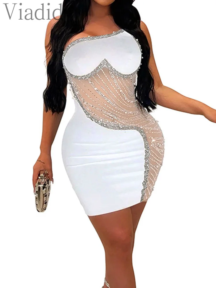 One Shoulder Mesh Rhinestone Inlaid Sleevless Backless Zipper Slim Night Club Dress