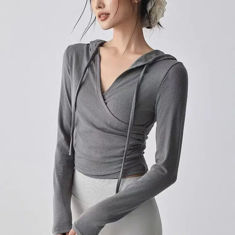 Damen Slim Fit Yoga-Shirt mit Kapuze, V-Ausschnitt, Langarm-Oberteil für Outdoor-Fitness, Laufen, Yoga, Sportbekleidung, Schlankmachende Trainings-Oberteile – Detail 4