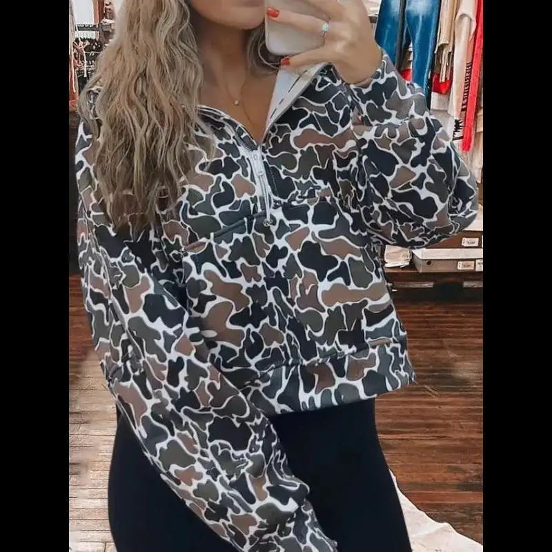 Fashionable Comfortable Camouflage Print Half Zip Women's Short Outerwear Other Material 100% Spring Seasonal Ladies Jacket