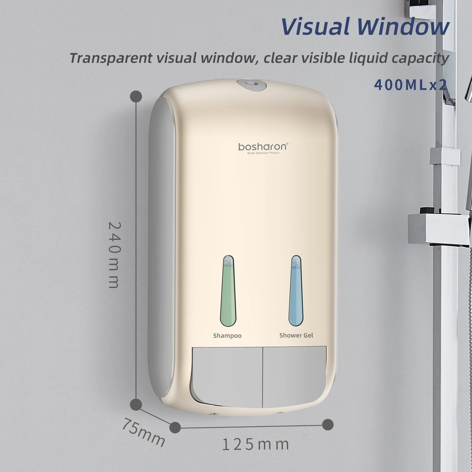 壁掛け液体石鹸ディスペンサープラスチック手動ポンプ浴室 400 ミリリットル * 2 で 1 詰め替えジェルローションシャワーシャンプーディスペンサー