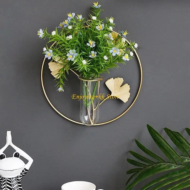 Q1JB Wandhängepflanzen Vase mit Metall Ginkgo Blattrahmen Geometrische Glasinstrumente Hydroponische Pflanzer Terrarium