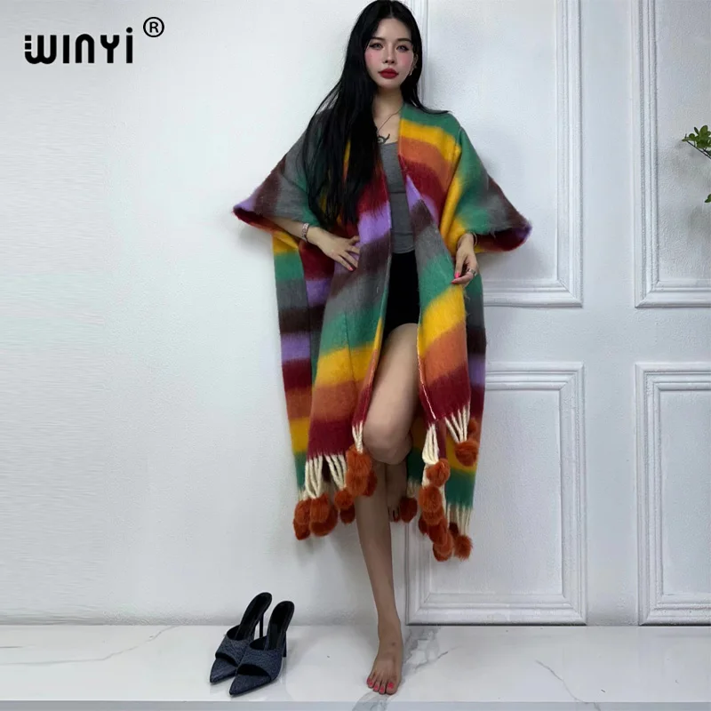 WINYI Winter stripe color cloak High Quality poncho Long Loose OverCoat Thick Warm Female coat for women Hanging ball cardigan