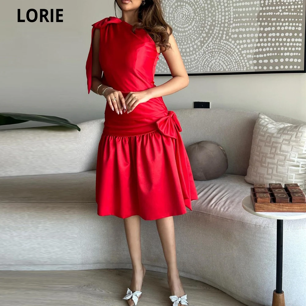 

LORIE Sexy Red Evening Dresses Knee Length One Shoulder Bow Prom Dresses Celebrity Sleeves Prom Gowns Women Vestidos De Gala