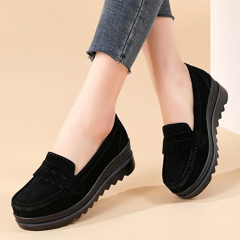 Spring Women Flat Platform Loafers Ladies Elegant Suede Leather Moccasins Shoes Woman Slip On Moccasin Women\'s Blue Casual Shoes