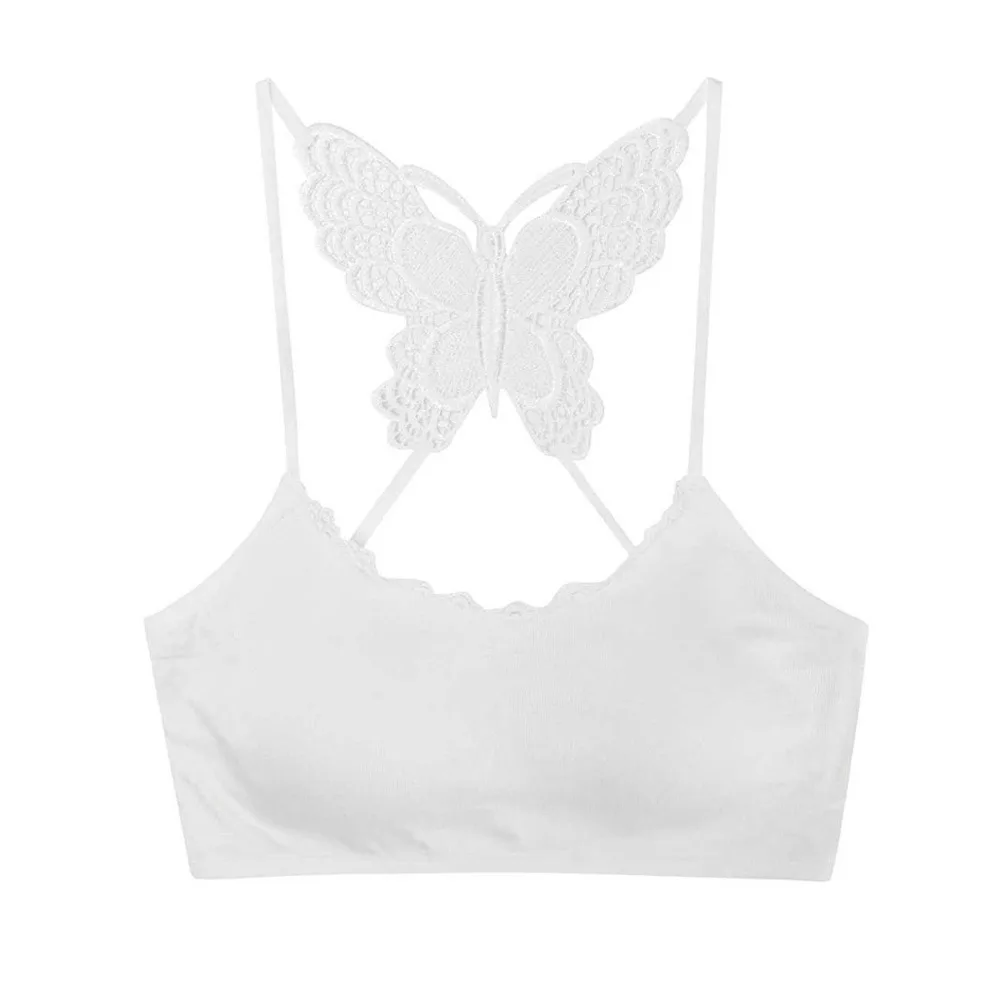 Butterfly Embroidery Backless Butterfly Vest Built In Pad Lace Trim Padded Camisole Hollow Out Innerwear Tank Top