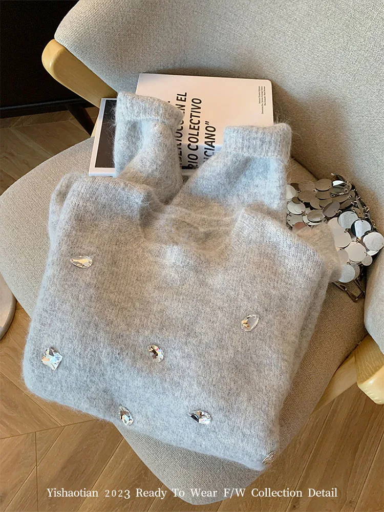 Casual Grey Mohair Sweaters Autumn Winter Fashion O-Neck Knitted Top Pullovers Crystal Diamonds Office Lady Oversized Streetwear