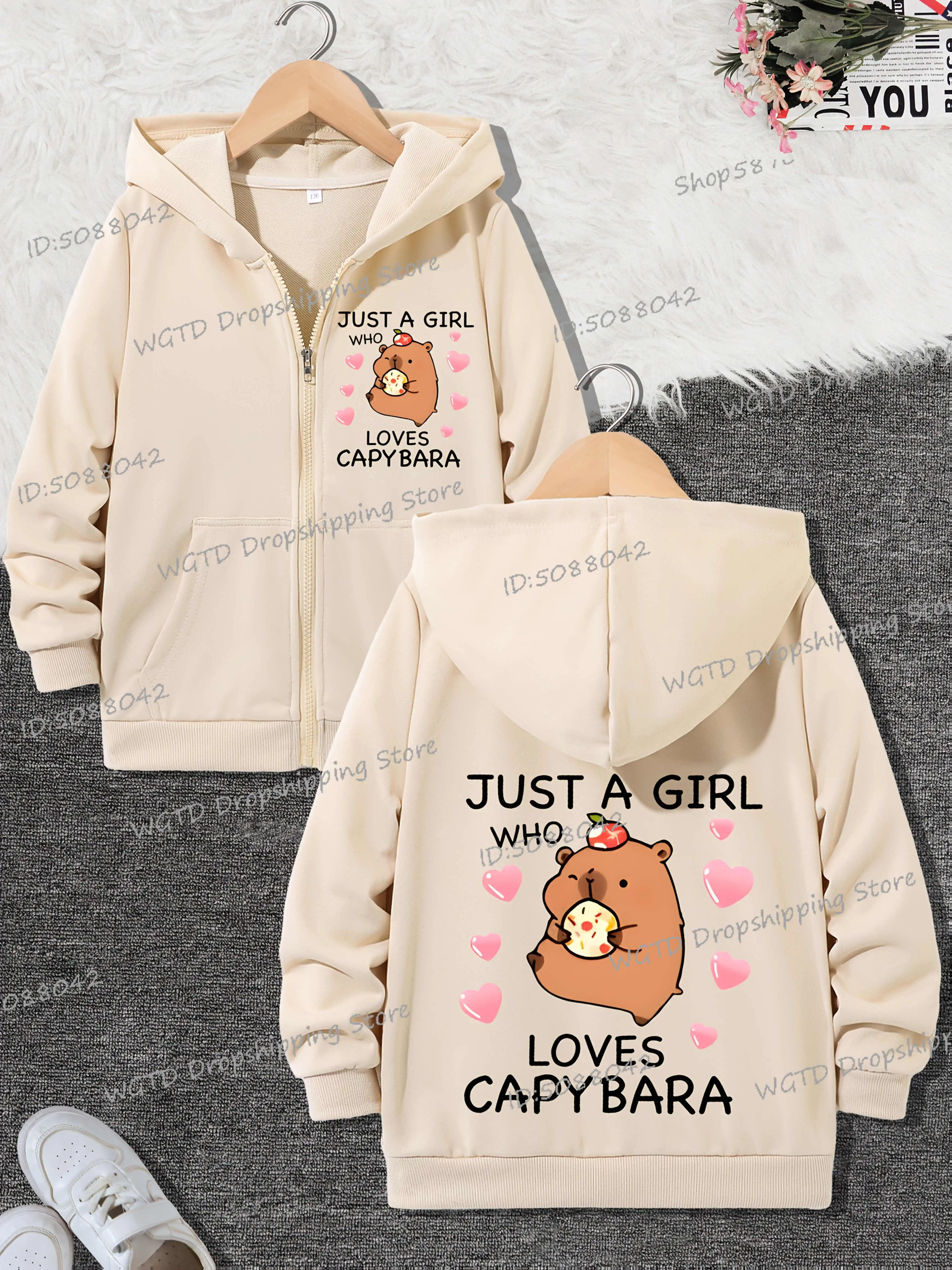 

Girls Capybara Print Hooded Jacket Zipper Coat With "Just A Girl Who Loves Capybara" Design Casual Sportswear For Spring Autumn