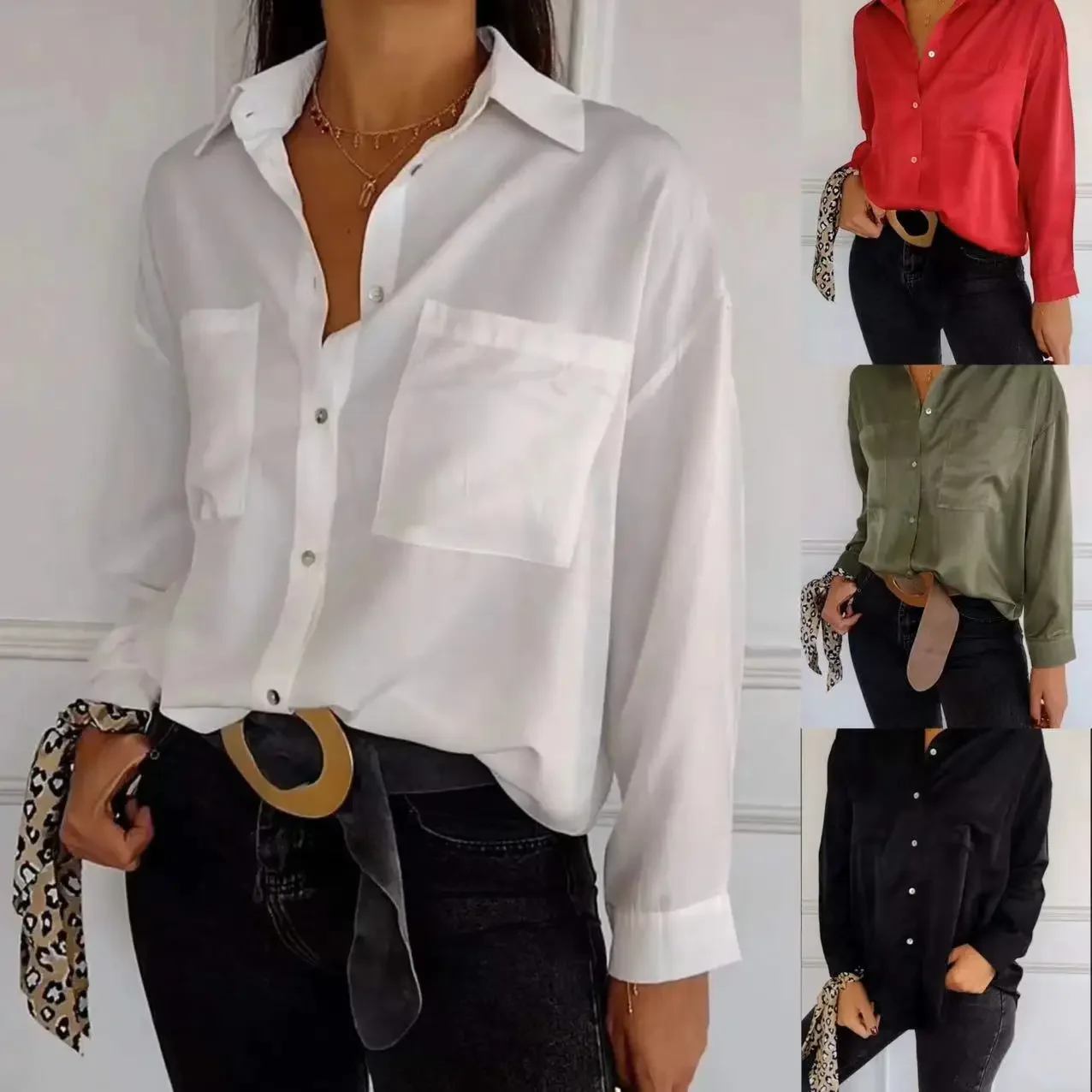 

Women Spring Summer Shirt Solid Color Turndown Collar Button Pockets Long Sleeve Casual Fashion Comfortable Regular Standard Fit