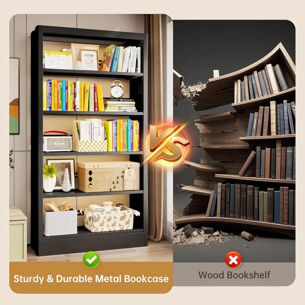 خزانة كتب معدنية شديدة التحمل مكونة من 5 أرفف قابلة للتعديل مع سدادة كتب، باللون الأسود