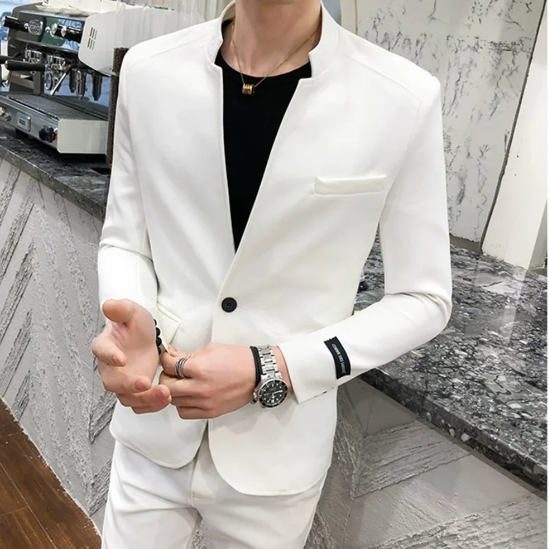 

White Elegant Father Collar Social Mens 2 Piece Slim Fit Suits Pink Gentleman Set For Wedding Party Wear Mandarin Priest Collar