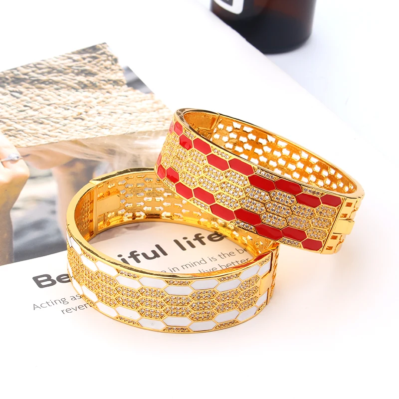 Luxury Fashion Cuff Bangle Charm Hollow Out Snake Bracelet Brass Red Gold Silver Color Czech Full Cubic Zircon Women Jewelry