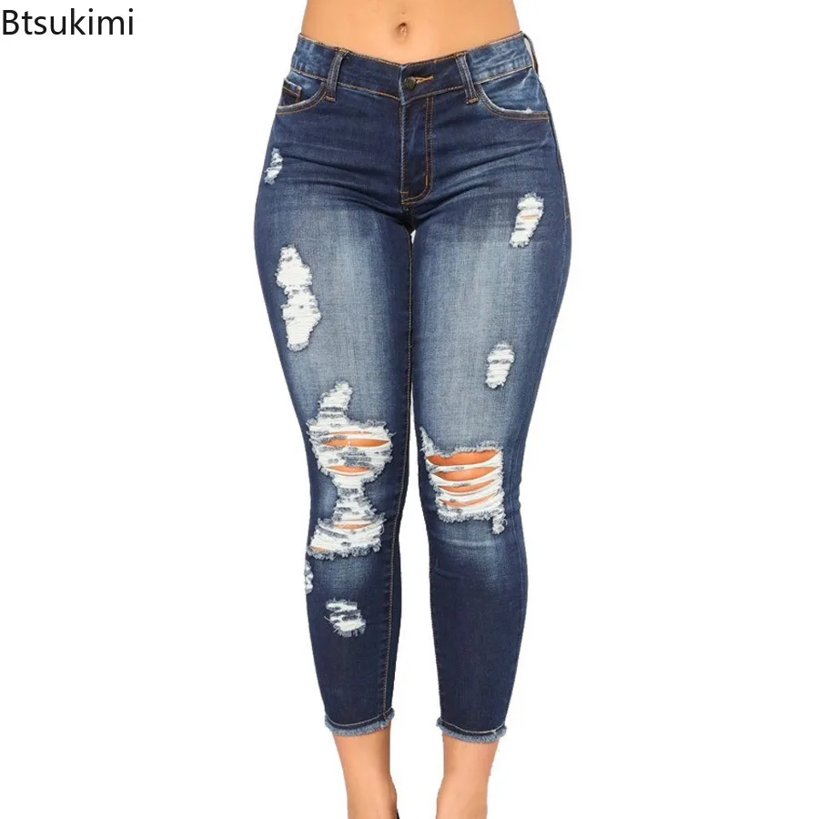 

2025 Summer Women's High Waist Skinny Jeans Stretch Ripped Denim Pants Distressed Cropped Trousers Casual Fashion Streetwear