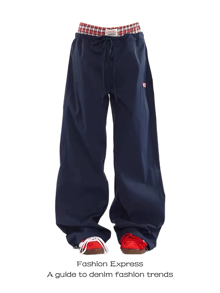 

Прямые джинсы с низкой талией Klein Blue с двойной талией S Искусственные двухсекционные повседневные брюки Осень-зима Новые широкие брюки