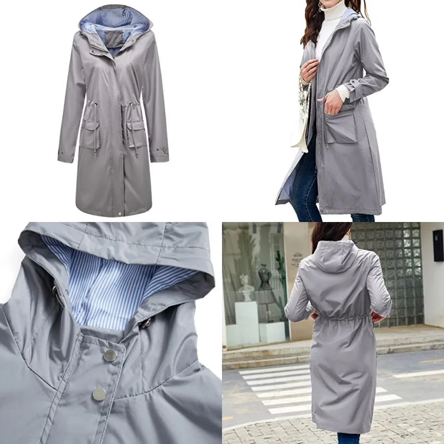 

Women's Hooded Rain Jacket Long Waterproof Raincoat Casual Full Zip Anorak Midi Windbreaker Pockets