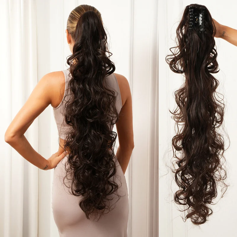 

Женский длинный кудрявый парик темно-коричневого цвета с заколкой-крабиком, в европейском и американском стиле, с крупными волнами, горячая распродажа