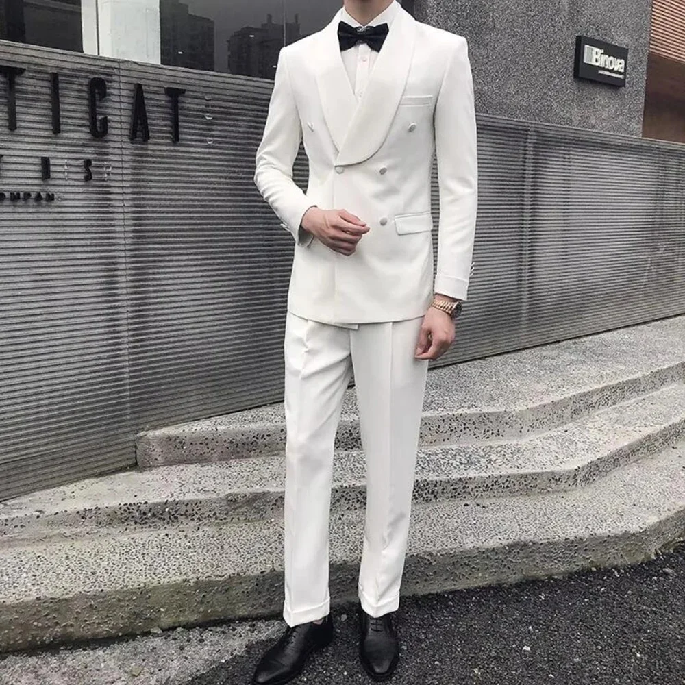 

Elegant Men's 2-Piece Suit White Double Breasted Jacket Pants Slim Fit Attire For Wedding Groom Banquet Formal Event