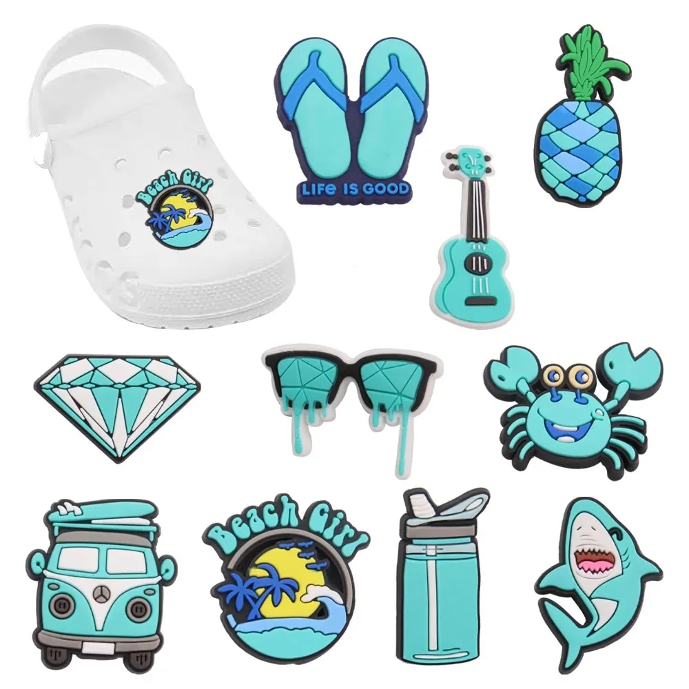 Mix 50pcs PVC Shoe Charms Pineapple Guitar Crab Beach Girl Cup Car Glasses Diamond Sandals Shoes Decoration Kids Party Xmas Gift