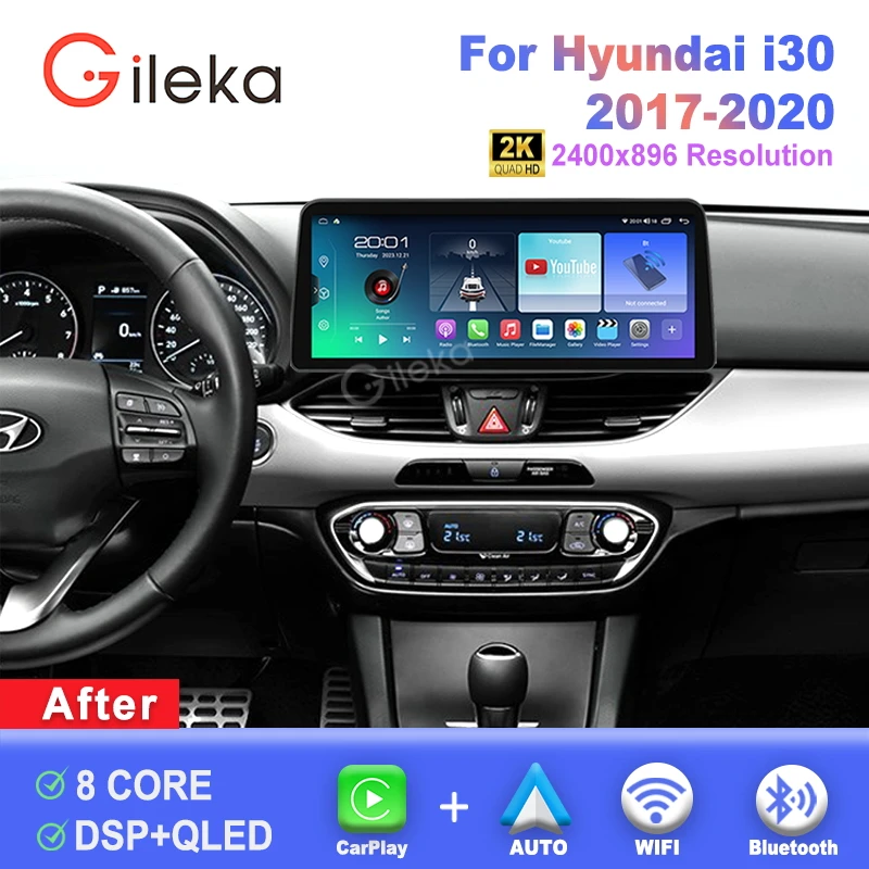 Pantalla 2K de 12.3 pulgadas con Carplay y Android para Hyundai i30 I30 2017 - 2020, radio de coche, reproductor multimedia estéreo, GPS, WiFi, 4G, unidad principal.