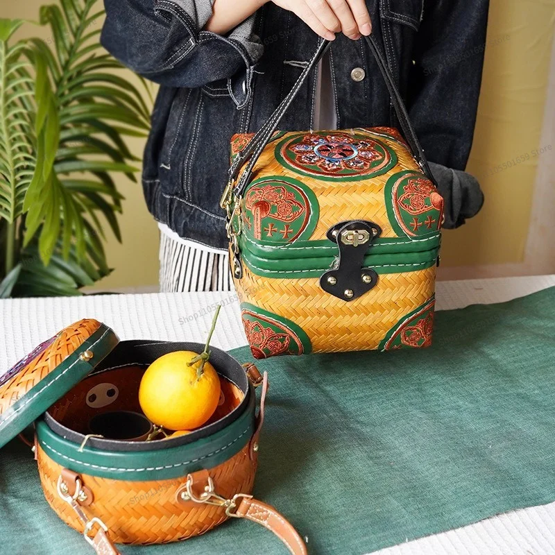 For Bamboo Basket Leather Embroidered Hand Basket, Handmade Bamboo Woven Storage Basket, Dry Grain Box, Tea Box
