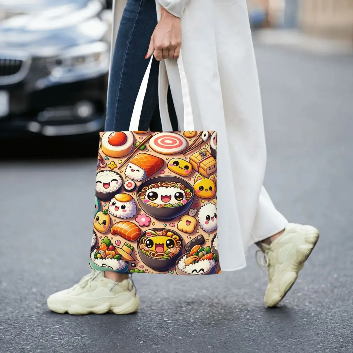 Kawaii Cuisine Adorable Anime Food Fiesta Shopping Bags Reusable Canvas The Tote Bag Women Shoulder Tote Travel Handbag