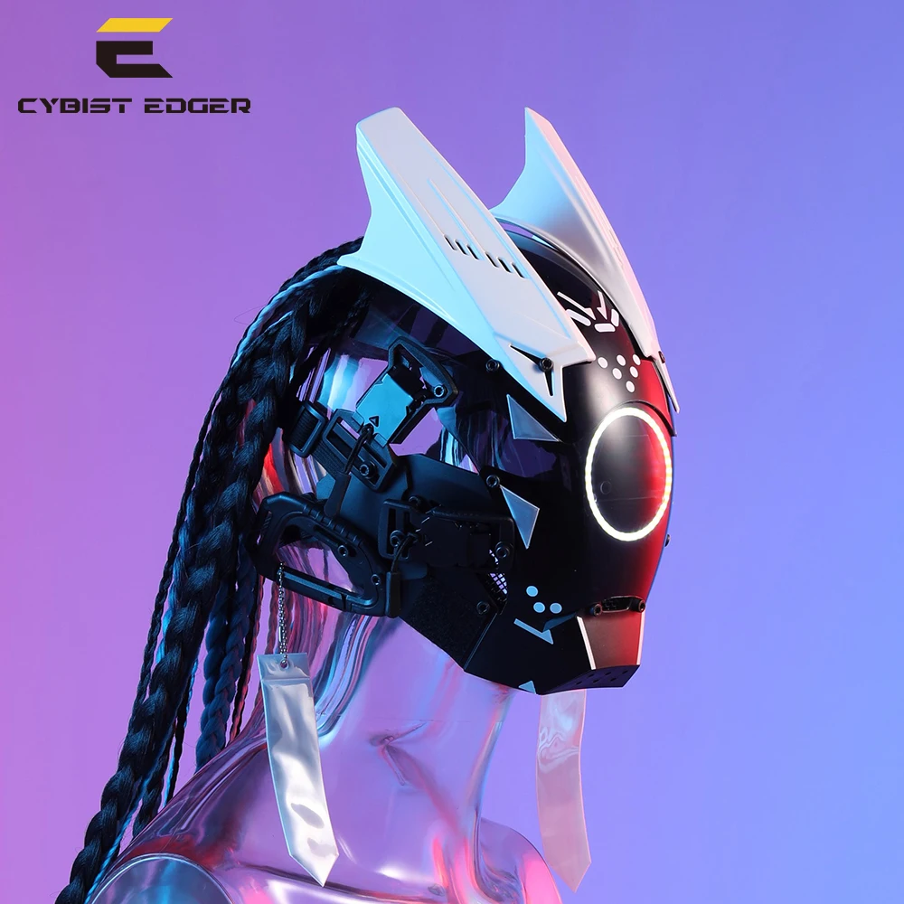 

Cyber Punk Mask LED Lignting White Warrior with Hair Snow Soldier Cosplay SCI-FI Helmet Halloween Party Gifts for Man and Woman