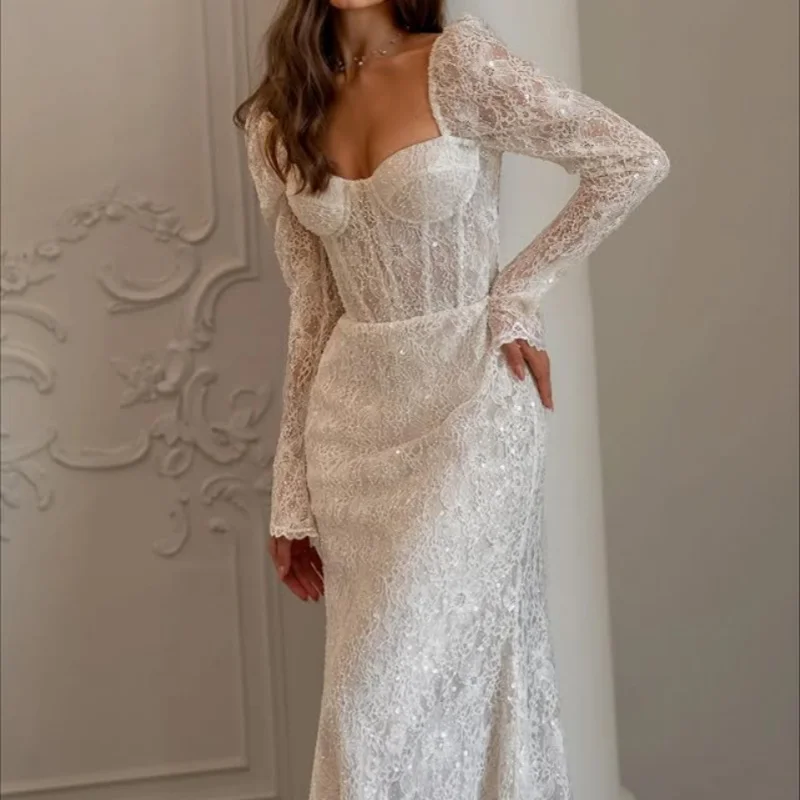 

Shiny ivory Appliques Wedding Dresses off-shoulder fishtail glitter Long tail Bridal long sleeves Gowns Made Customized