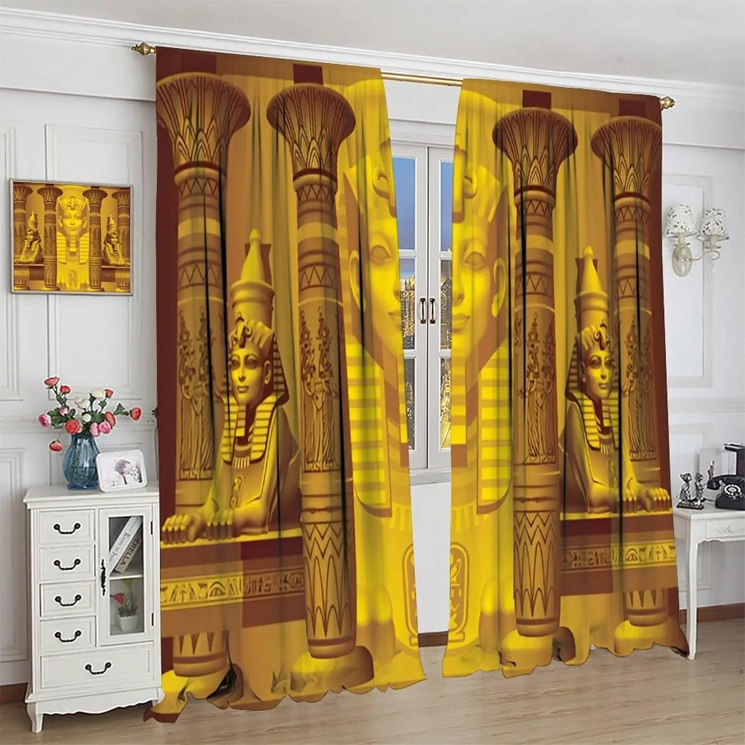 Ancient Egyptian Curtains, Golden Egyptian Sphinxes Vintage Mural Print Rod Pocket Window Drapes for Kitchen Bedroom Living Room