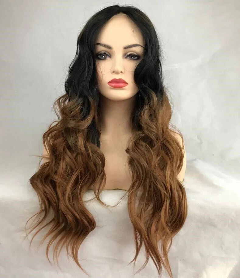 Long Wavy Dark Roots Brown Human Hair Blend Synthetic Lace Front Full Wig