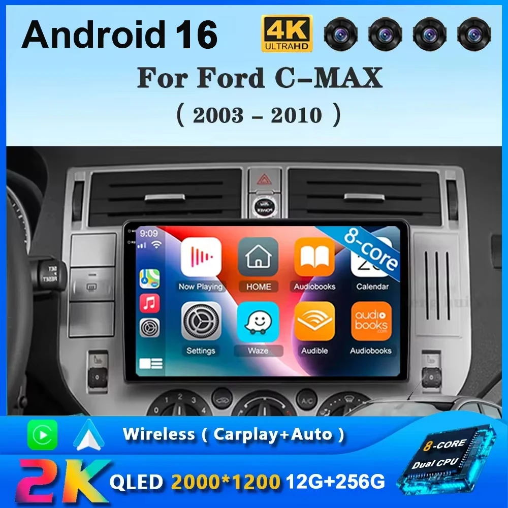 Für Ford C-MAX 2003 - 2010 2K QLED 12+256GB Android 16 CarPlay Autoradio Multimedia-Videoplayer GPS Stereo-Haupteinheit
