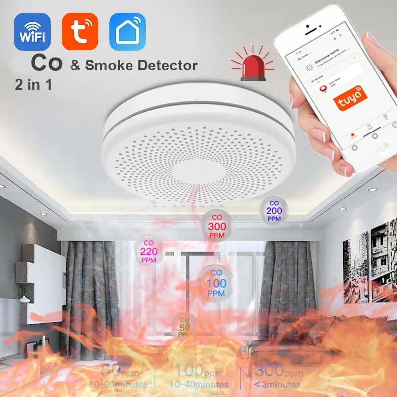 2 in 1 Carbon Monoxide Smoke Detector Tuya WiFi Co Smoke Sensor Fire Sound Alarm Security Protection Smart Life APP Control