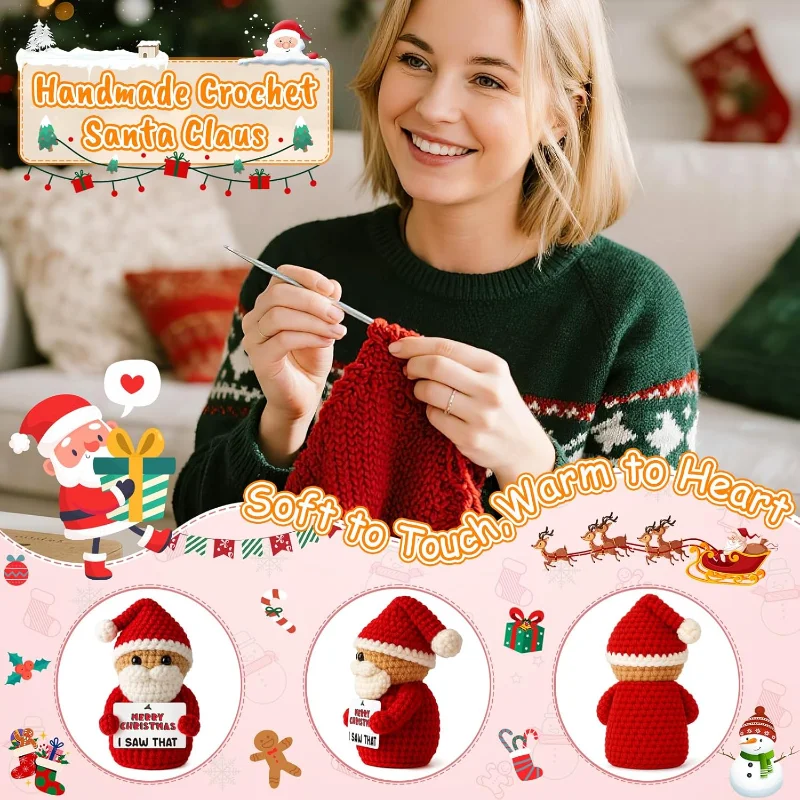 Natal artesanal crochê papai noel com cartão engraçado colega de natal elefante branco meia de natal stuffer ideia de presente